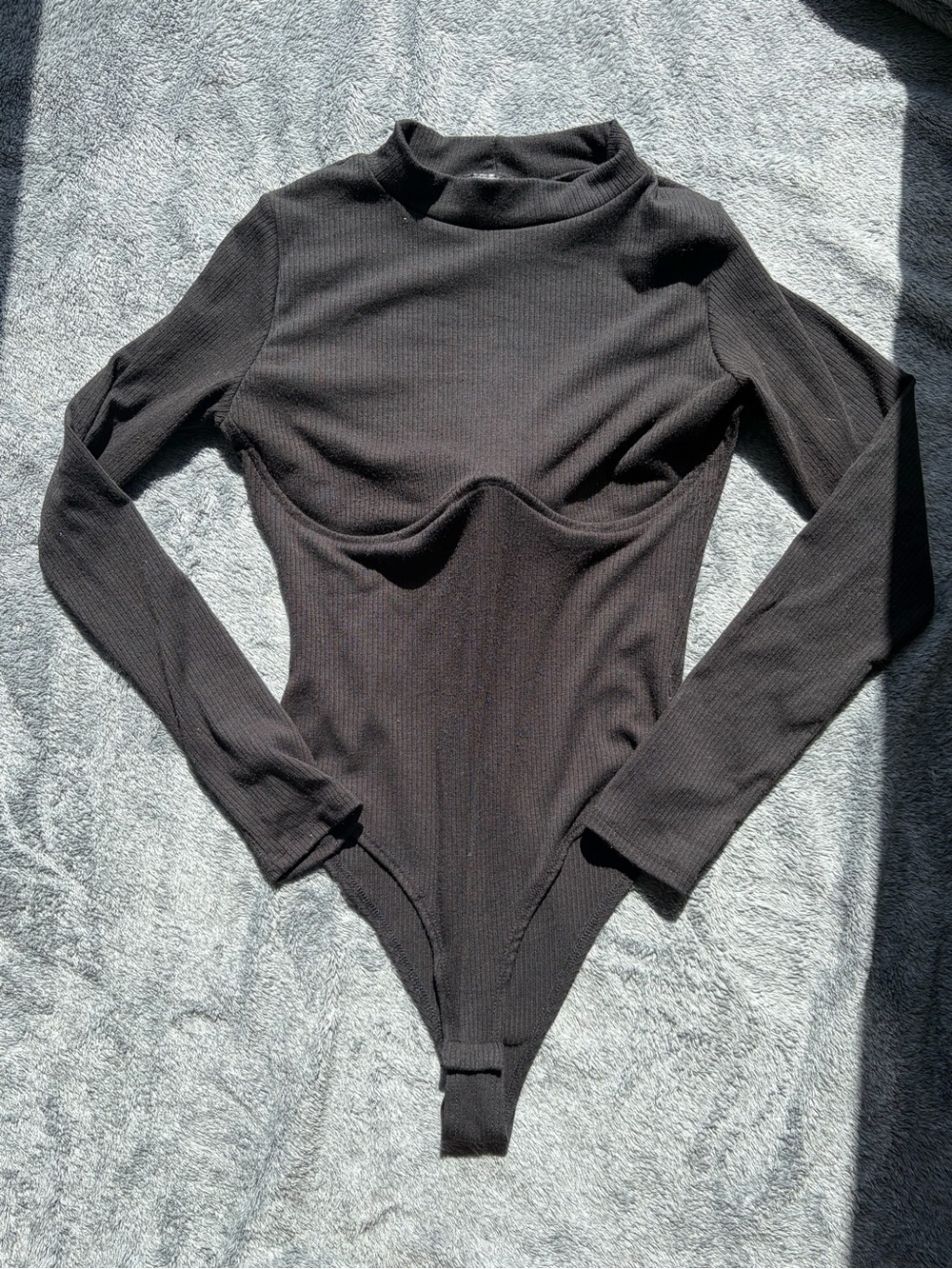 Black Long-Sleeve Ribbed One-Piece Bodysuit with built-in wire